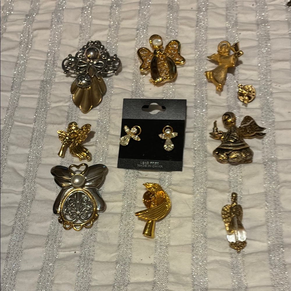 Gold and Silver Angel bundle- earrings, pins & pendant 10 pieces.
